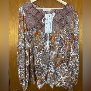 New.  Plus Ethnic Eyelet Lace Up Babydoll Woven Blouse.